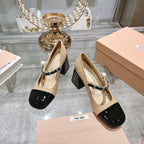 MARY JANE SANDAL CAP TOE DARK CREAM SHEEPSKIN - HIGH HEEL