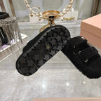 SANDAL SLIDES IN BLACK SUEDE AND SHEARLING LINING