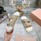 SANDAL SLIDES IN BEIGE SUEDE AND SHEARLING LINING
