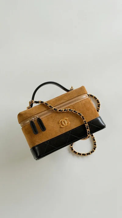 Chanel 2026 Vanity Bag 19.5cm Beige mix Black Suede Leather