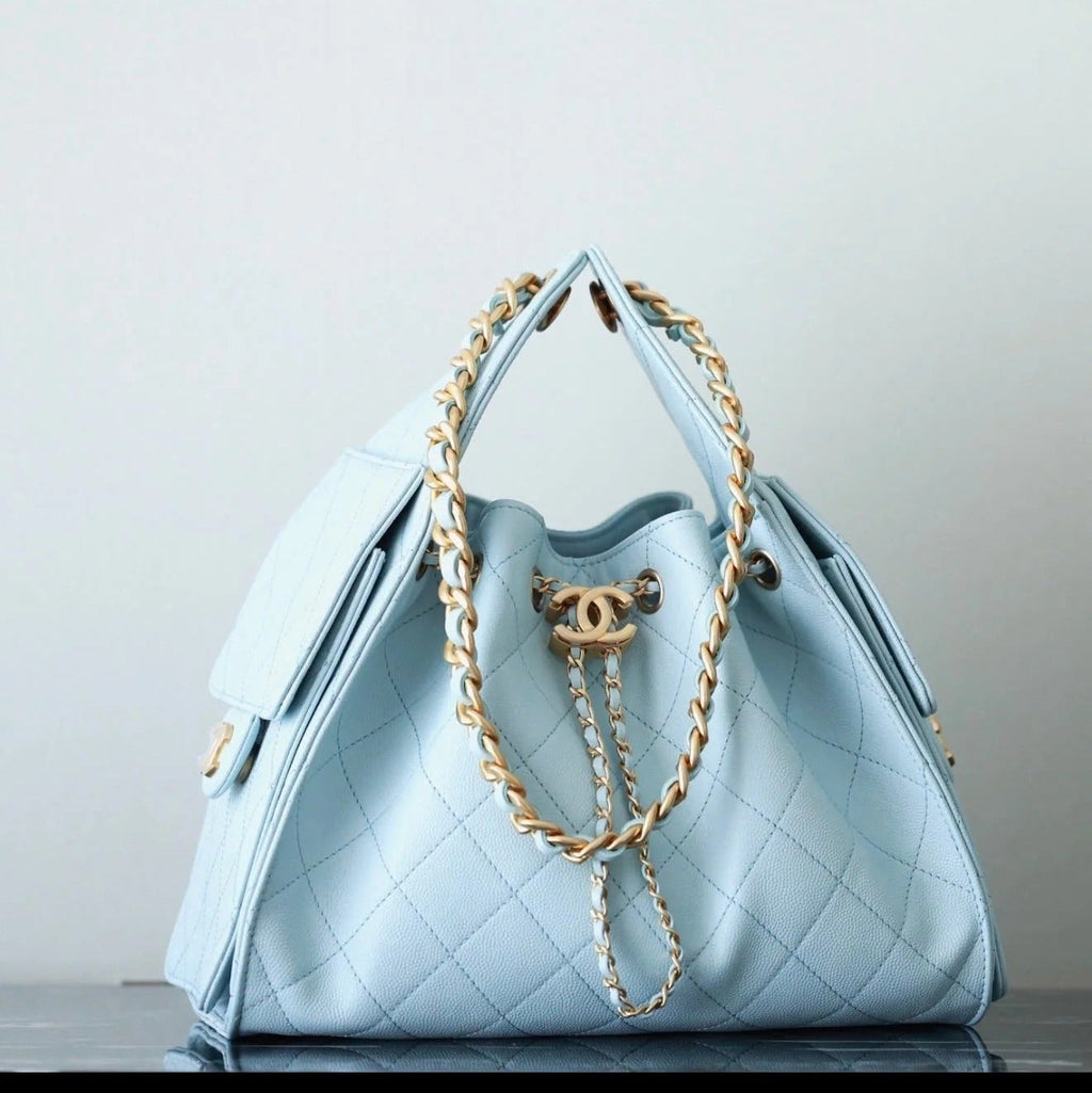 CHANEL 25S HOBO BAG 30 CM IN PASTEL BLUE LAMBSKIN WITH GOLD HARDWARE