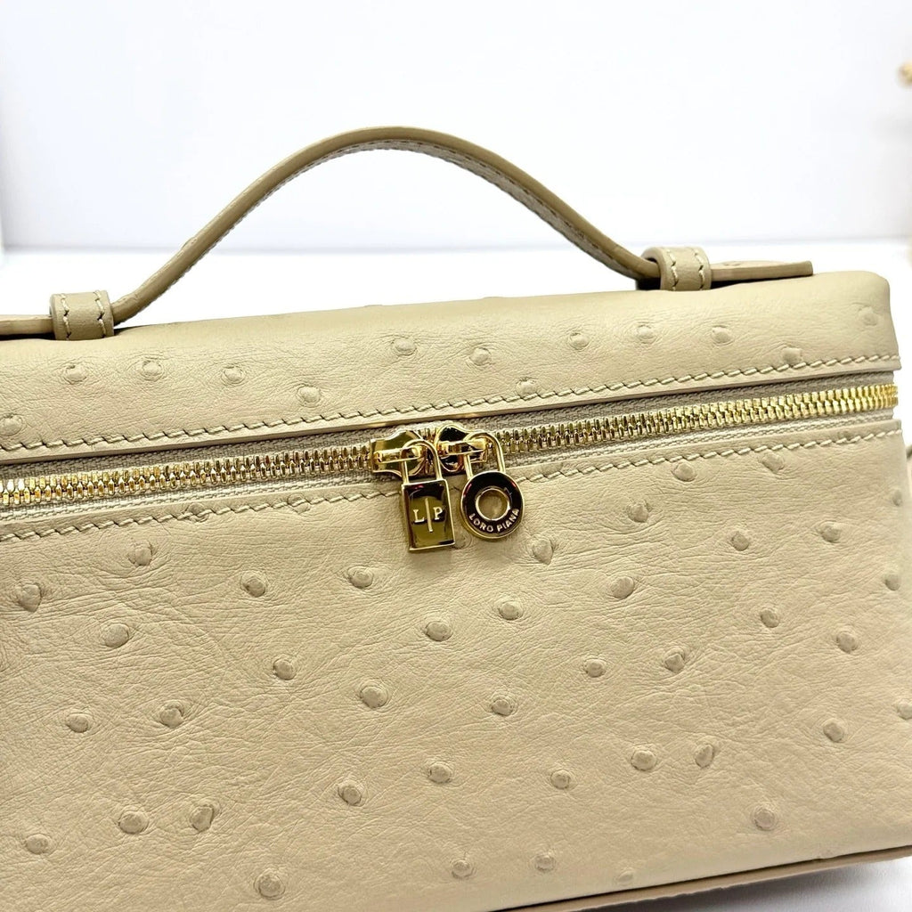 LP Extra Bag 19cm Ostrich Pattern Beige Gold Buckle Calfskin