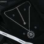 25P OVAL NECKLACE IN BLUE DENIM BLACK LEATHER-THREADED CHAIN