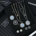 25P OVAL NECKLACE IN BLUE DENIM BLACK LEATHER-THREADED CHAIN