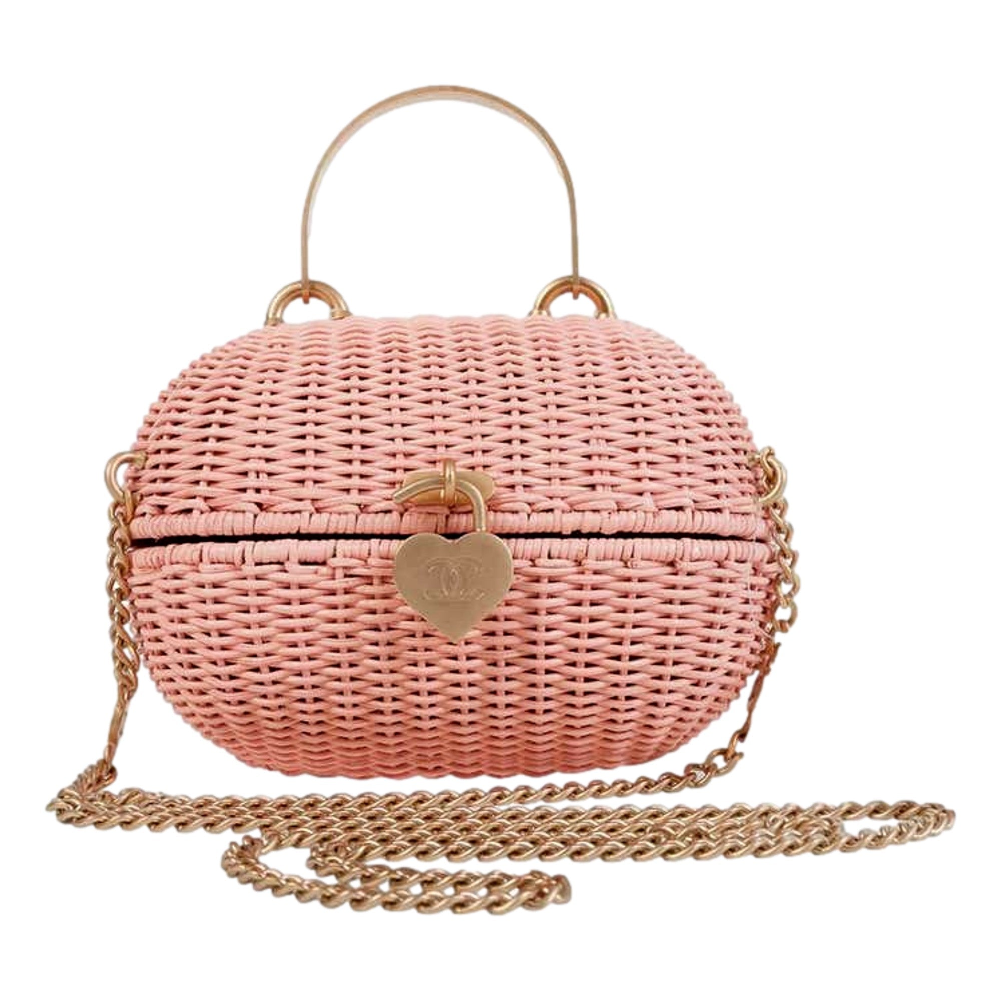 CHNL -  Pink Oval Wicker Heart CC Charm Closure 2-Way Handle Crossbody Bag