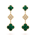 CLOVER EARRINGS GOLD MALACHITE DIAMOND 3 MOTIF